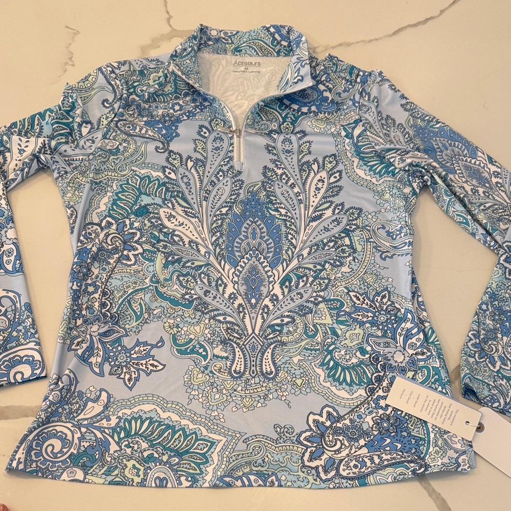 AceGolfs Aventura Paisley Zip-Neck Performance Top - Light Blue/Teal